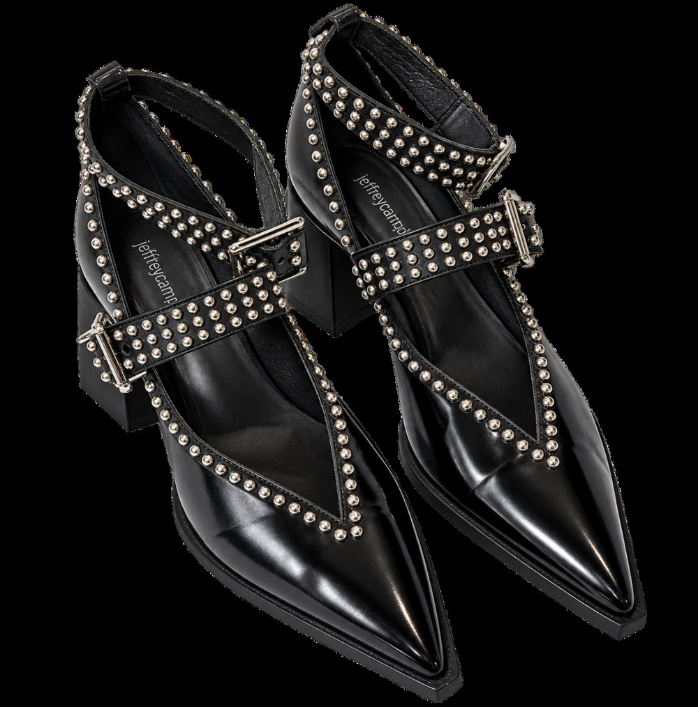 Jeffrey Campbell Black Leather Studded Double Buckle Pointed Toe Mary Jane Pumps